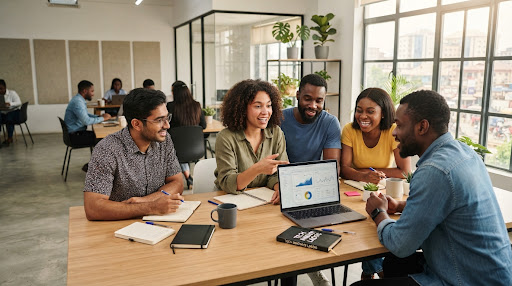 A diverse team of professionals collaborating around a laptop in a bright, modern Lagos office space.